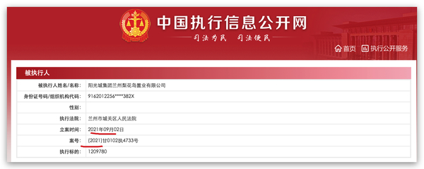 陽光城集團蘭州梨花島置業被列為被執行人，執行標的約121萬元